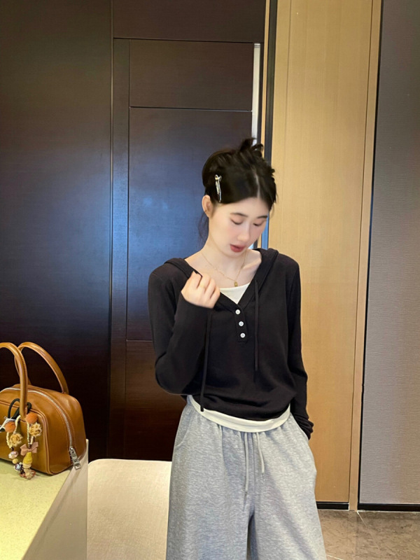 韩系假两件连帽针织衫毛衣女春秋新款设计感别致绝美卫衣长袖上衣|undefined