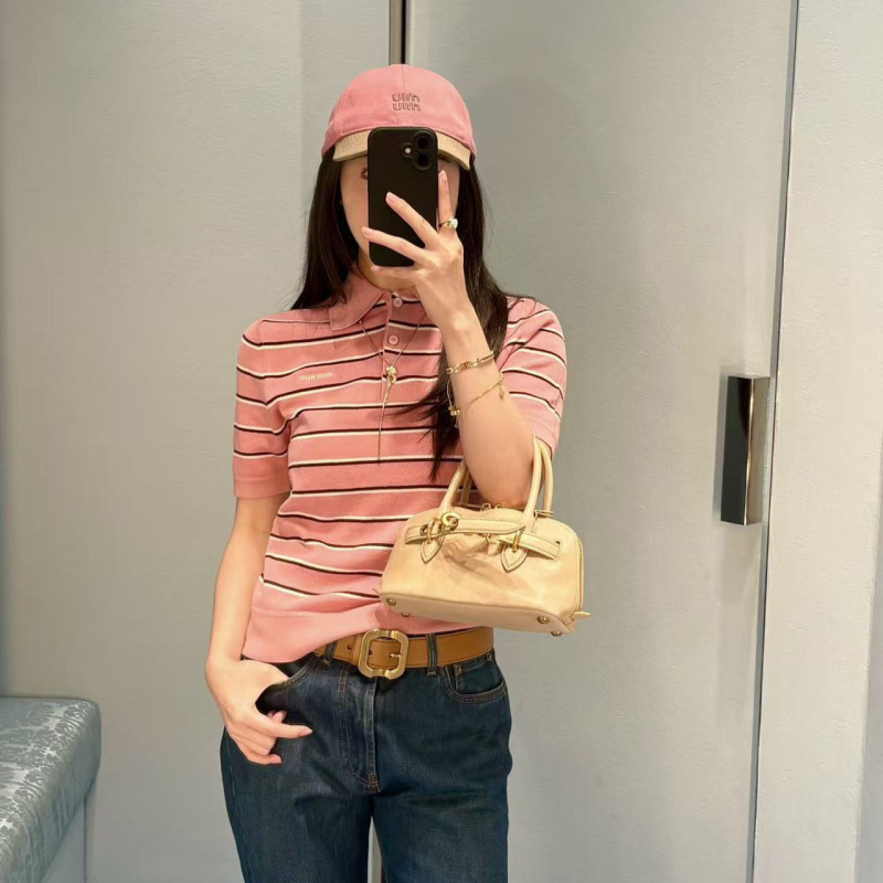 Knitted Women's Polo Shirt with Gold Collar, Short Sleeves, Summer Striped Top, Slim Fit, Miu Miu Style Knitted Women's Polo Shirt with Gold Collar, Short Sleeves, Summer Striped Top, Slim Fit, Miu Miu Style