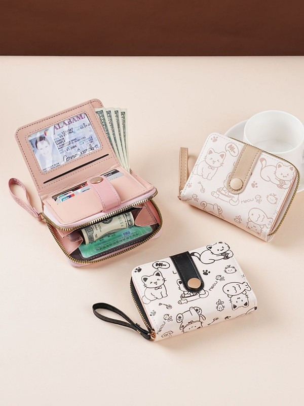 シンプルでかわいい子猫和風レディースバックルコインポジションハンドストラップ多機能ショートウォレット財布|undefined
