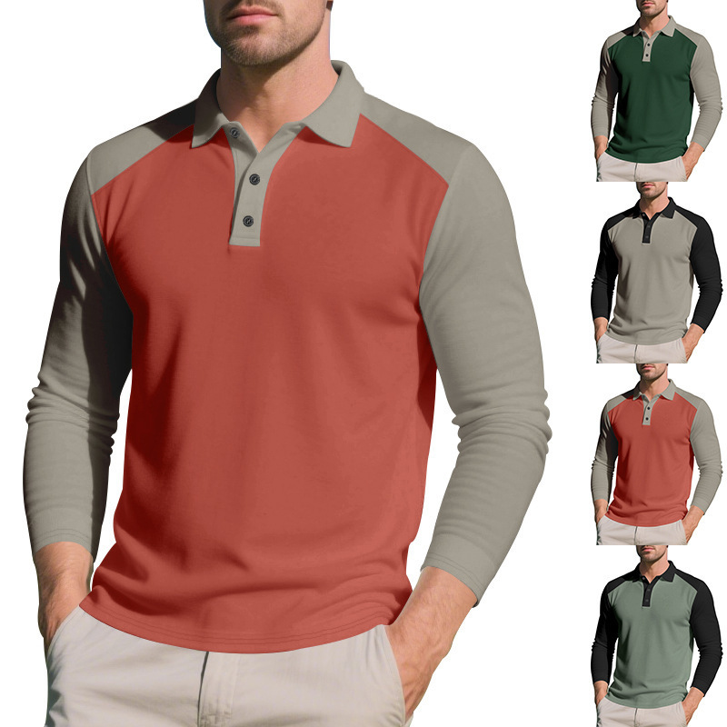 Foreign Trade Cross-Border American Autumn and Winter Men's Polo Shirt Color Matching Casual Golf Lapel Long-Sleeved T-Shirt Bottoming Shirt