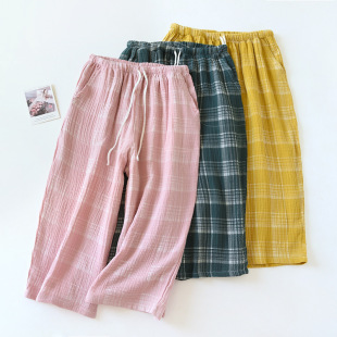 Japanese Plaid Pure Cotton Gauze Men's and Women's Pajama Pants Summer Thin Cotton Cropped Pants for Couples Outer Wear Home Shorts