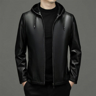 Hooded leather coat men's 2023 new fashion leather jacket trendy all-match zipper thickened fleece-lined quality coat