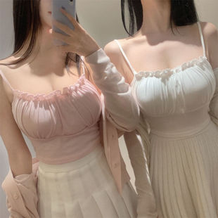 Pure Hot Girl's large camisole with wooden ears, slim fit inner base top with chest pad for summer