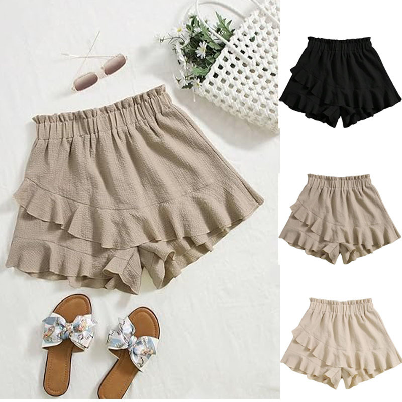 Amazon Women's Bohemian Paper Bag Waist Pleated Hem Elastic High Waist Short Shorts