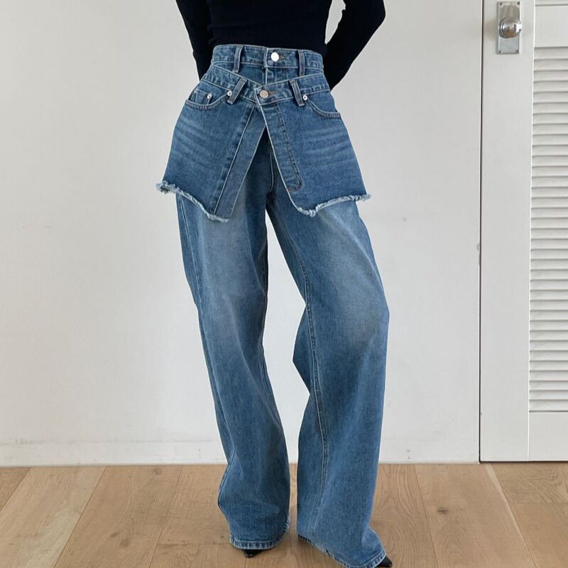 Dongdaemun Ins2026 Early Spring New Vintage Washed Distressed Dark Design Patchwork Jeans with Waist Belt Dongdaemun Ins2026 Early Spring New Vintage Washed Distressed Dark Design Patchwork Jeans with Waist Belt