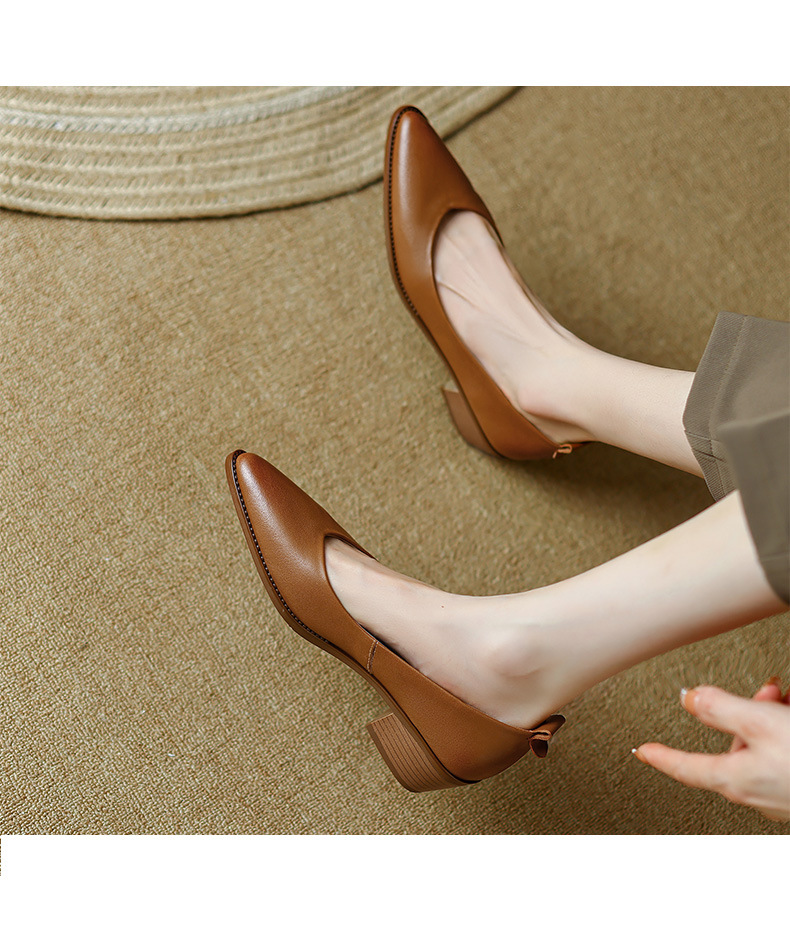 Giày nữ gót vuông mũi nhọn da cừu miệng nông cổ thấp — Màu nâu chi tiết 6