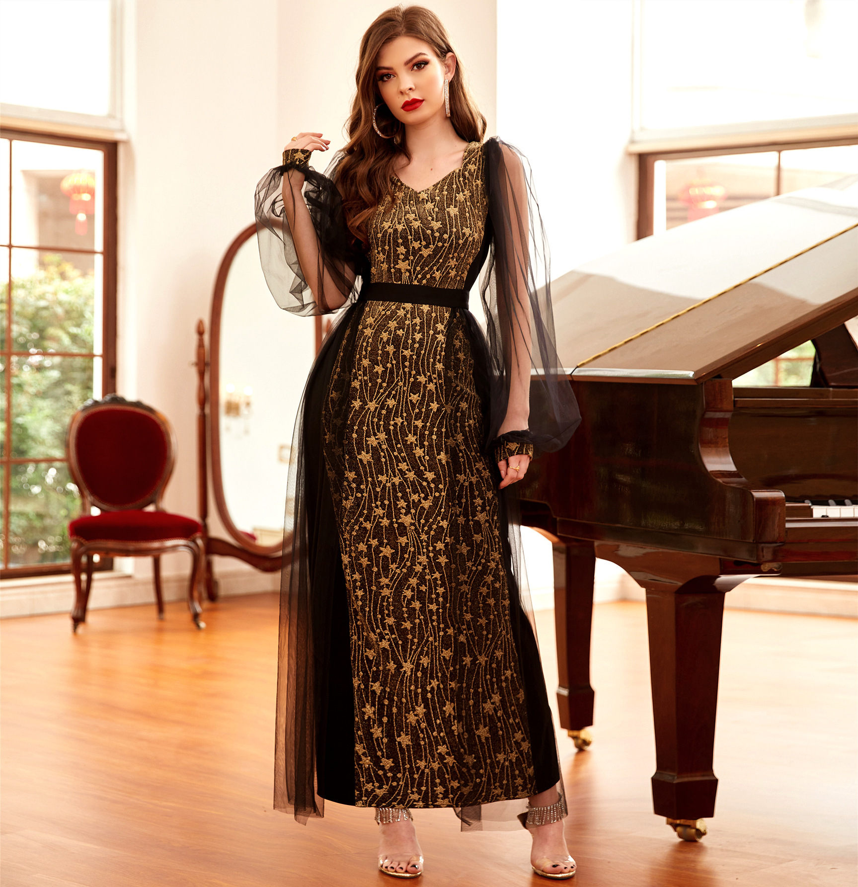 High elastic gold jacquard knitted mesh sleeves design dress long skirt party dress_autovado.com