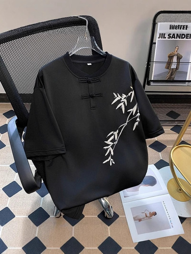 Summer New Chinese Style Bamboo Embroidery Short-Sleeve T-Shirt for Men, Design-Focused Loose Trendy Retro National Style Button-Down Tunic Top