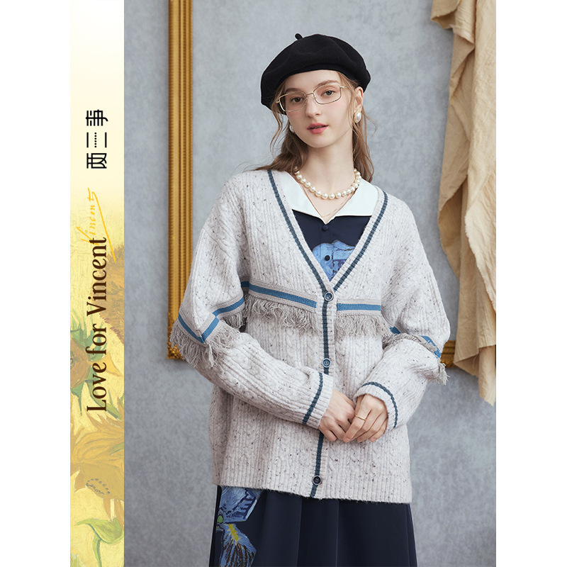 Van Gogh Artistic Drawing 2025 Autumn New Patch Embroidery Tassel Decorated Sweater Cardigan for Women