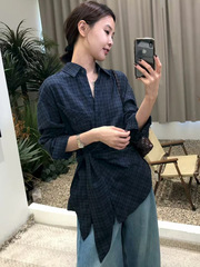 韩系复古长袖格子衬衫女秋季2025新款高级慵懒绑带收腰设计感上衣