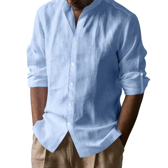 2024 Amazon American Cross-border Men's Hawaiian Style Cotton Linen Vertical Collar Breathable Henry Collar Casual Long Sleeve Shirt