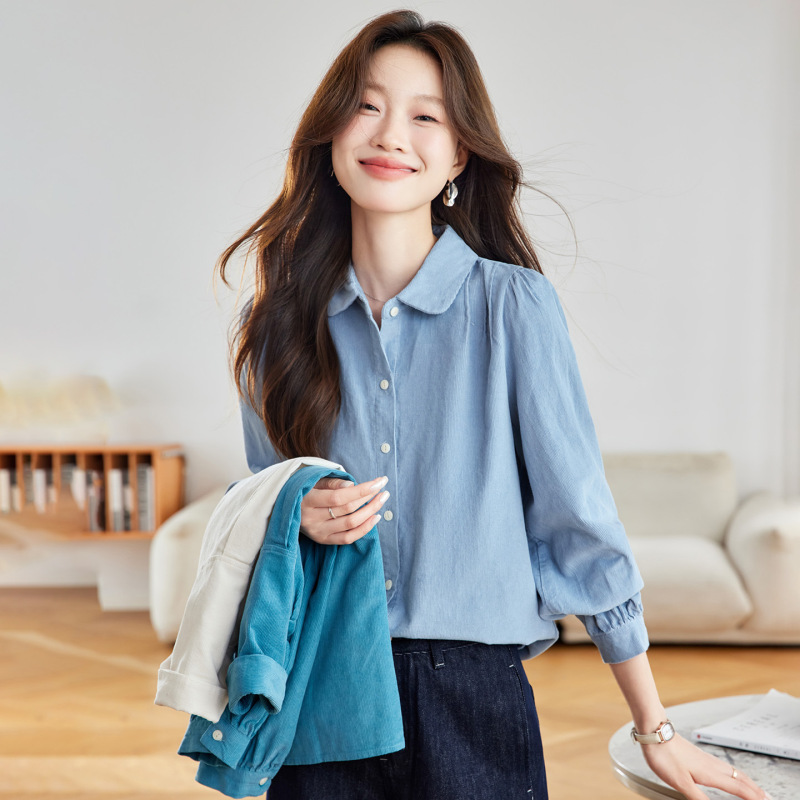 Factory Direct Sales Corduroy Long-Sleeved Shirt Women's Autumn New Pleated Lapel Button Cardigan Right Shoulder Commuter Top Factory Direct Sales Corduroy Long-Sleeved Shirt Women's Autumn New Pleated Lapel Button Cardigan Right Shoulder Commuter Top