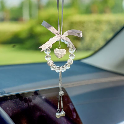 Car pendant creative Diamond-Embedded Car hanging - white-peach-heart
