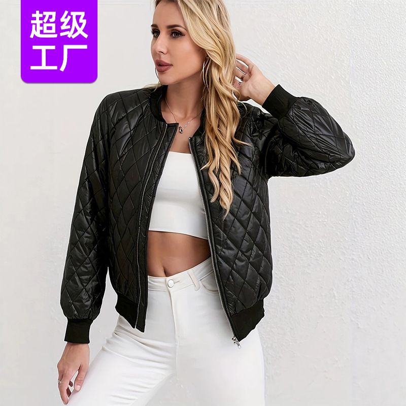 Cross-Border Dropshipping Autumn and Winter Black Quilted Bomber Jacket with Stand Collar, Loose Fit, Short Style, Lightweight Cotton Coat