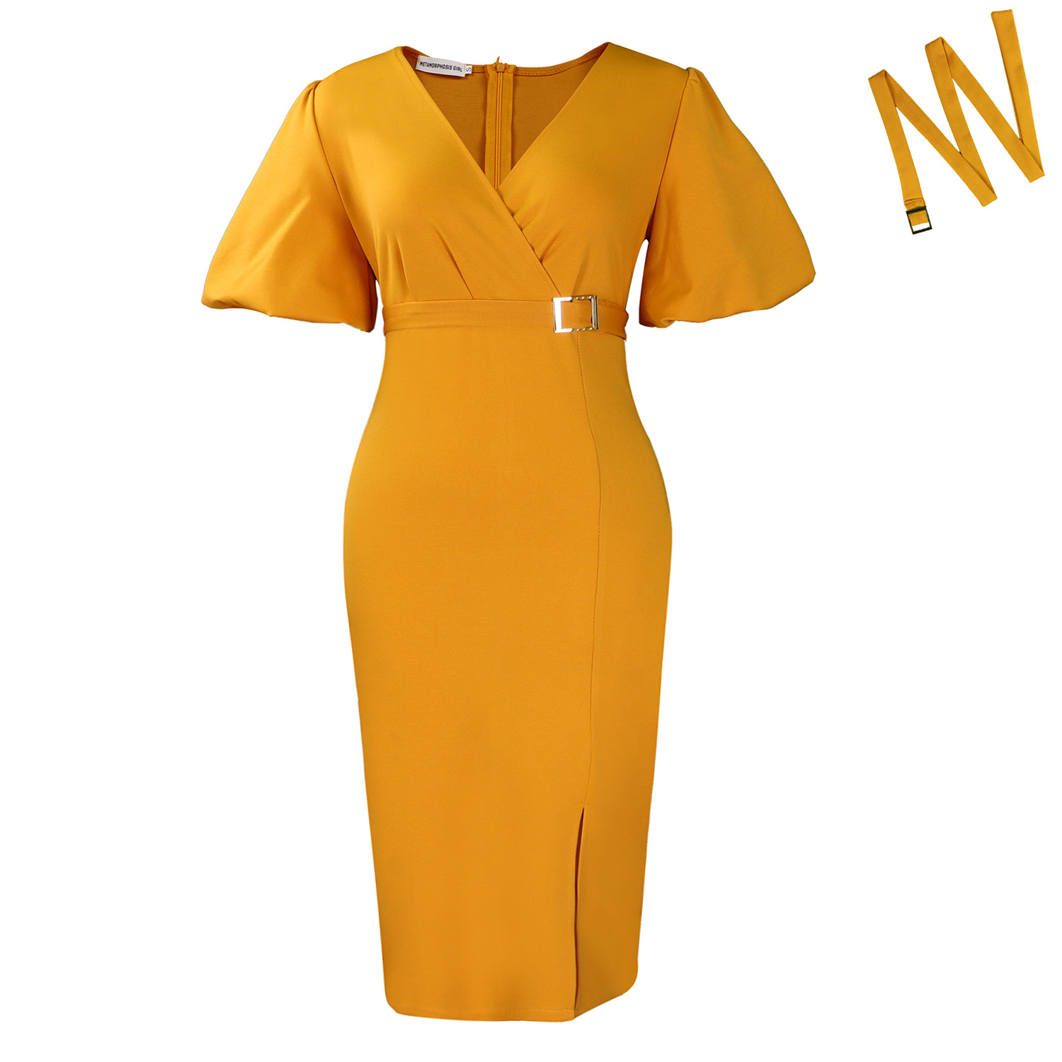Fashionable Womens Dress V Neck Puff Sleeves Solid Color Bodycon Fit Side Slit Perfect for Parties or Events