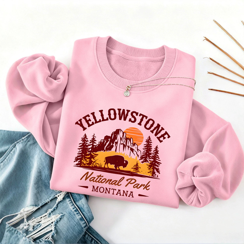 New European and American cross-border fashion: Yellowstone National Park printed crew-neck fleece sweatshirt, a versatile long-sleeved top New European and American cross-border fashion: Yellowstone National Park printed crew-neck fleece sweatshirt, a versatile long-sleeved top