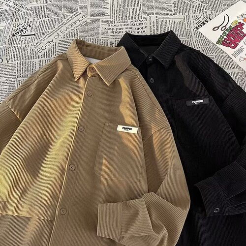 Corduroy long-sleeved shirt for men, 2025 spring and autumn new style, Hong Kong style, loose large size, Japanese American shirt, couple trend