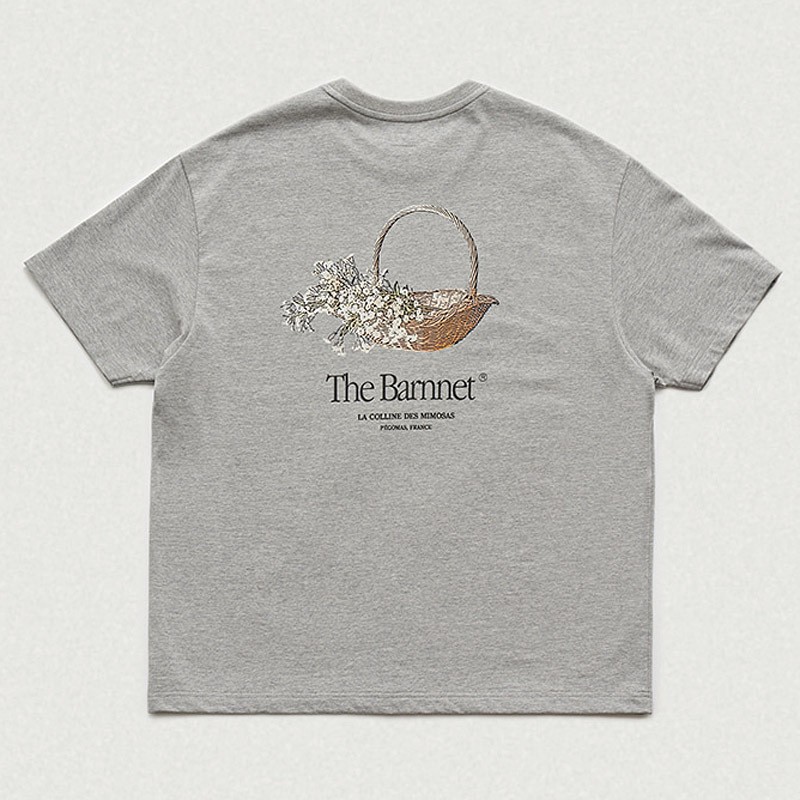 在庫あり 韓国東大門春夏モデル 背中に花かご柄プリント入り 男女兼用カップル向け半袖Tシャツ