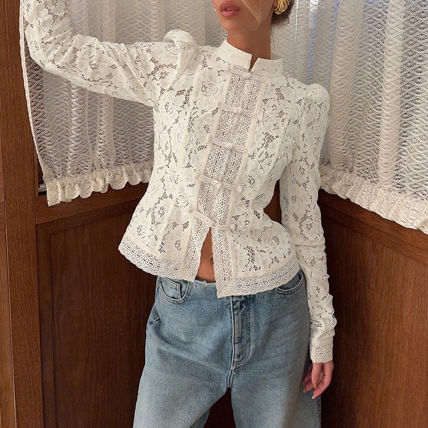 Women's Clothing Women's Slim Fit Lace Crochet Stand Collar Shirt Spring Summer Fashionable Elegant Commuting Top Style_ecoleips.com