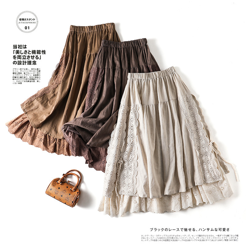 Japanese-Style Linen Lined Lace-Up Skirt Mori Girl Heavy Embroidery Elastic Waist Mid-Length A-Line Sweet Women's Skirt