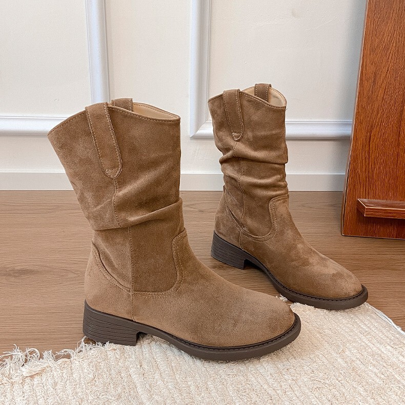 Thick-Soled Short Western Cowboy Boots Korean Style Short Boots Thick Heel Boots Women's Shoes 2025 Autumn New Pile Knight Boots