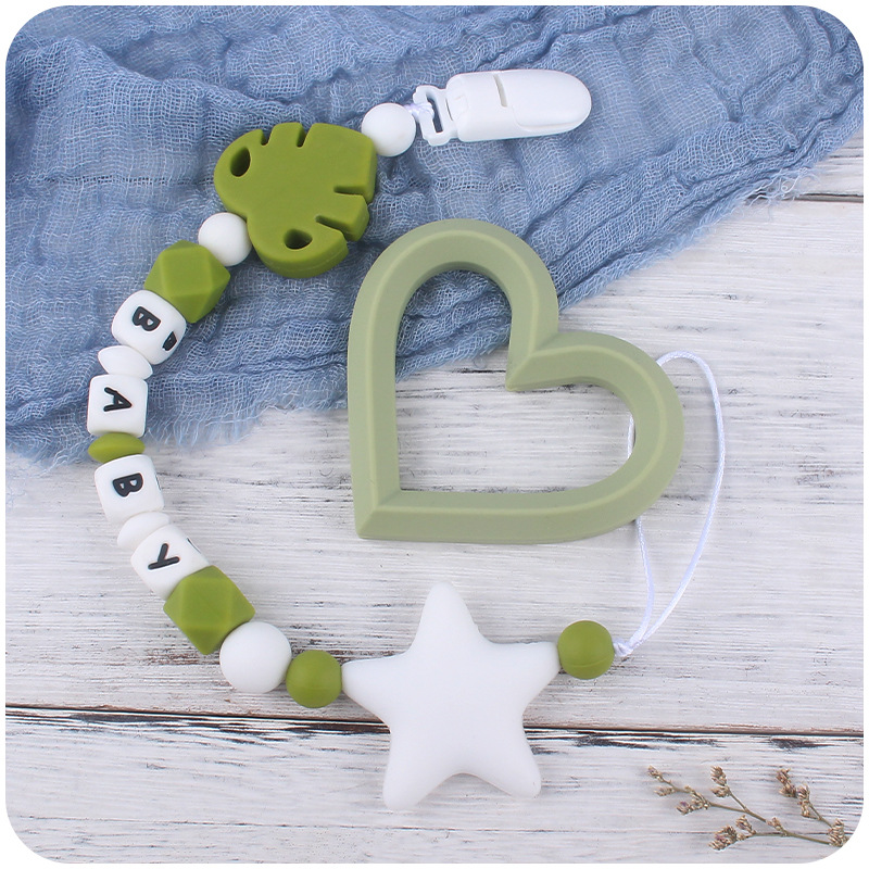 Bebé suministros de dibujos animados hojas mordedor bebé estrella grande molar juguete DIY bebé nombre chupete cadena traje