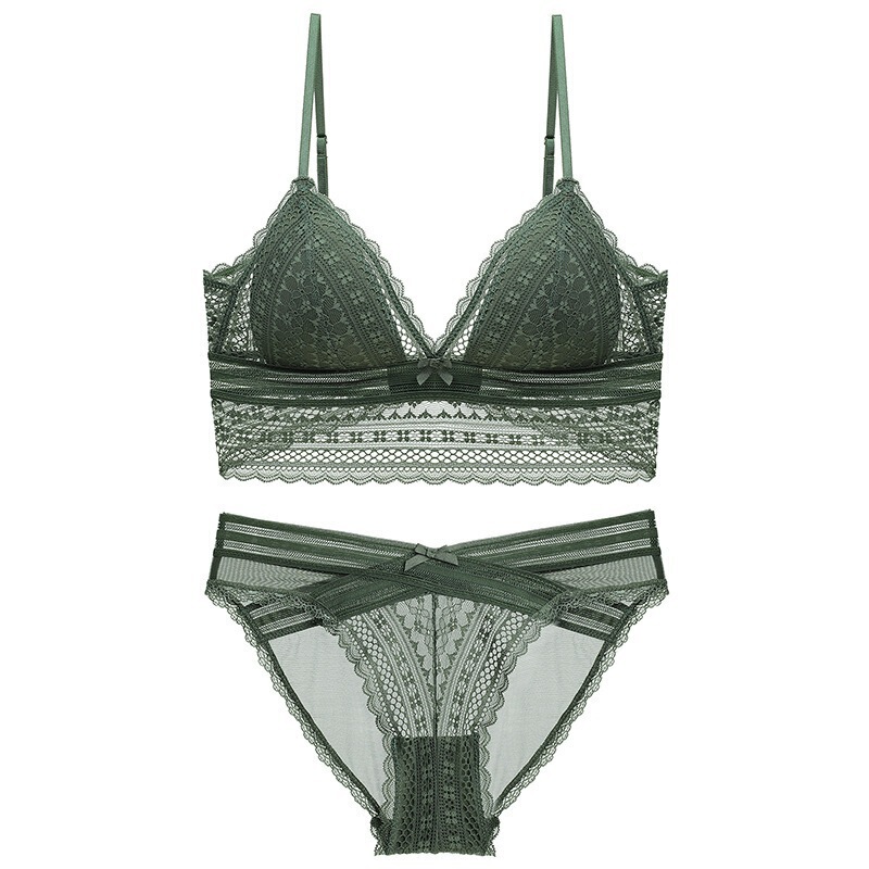 No Steel Ring Bra Sexy Lace Low Open Back Triangle Cup Thin Cotton Pad Push-up Underwear Women's Chest Bow Set