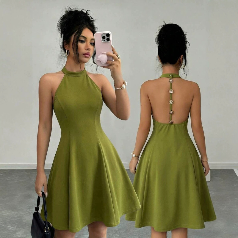2026 Cross-Border Women's Elegant Vacation and Commuting Backless Solid Color A-Line Dress, Suitable for Spring and Summer Wear