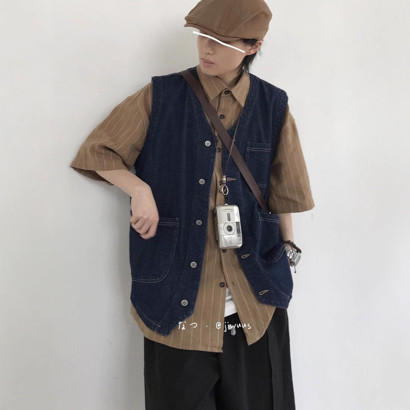 Japanese Vintage Multi-Pocket Tooling Denim Vest Men's and Women's New Casual Sleeveless Stacked Top Loose Trendy Coat