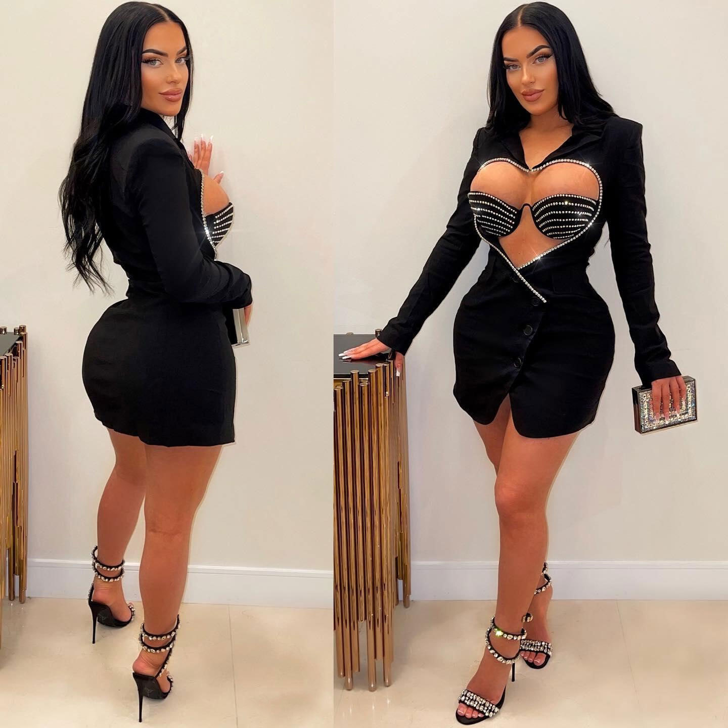Women's Clothing Slim Fit Two Piece Set Style Sexy Solid Color Bodycon Suit With Rhinestone Heart Shaped Design For Women_voghion.com
