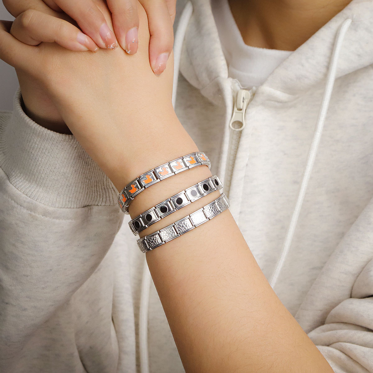 Módulo de acero inoxidable italiano pulsera cuadrada puntos esmalte módulo brillante elástico DIY accesorios de pulsera granular