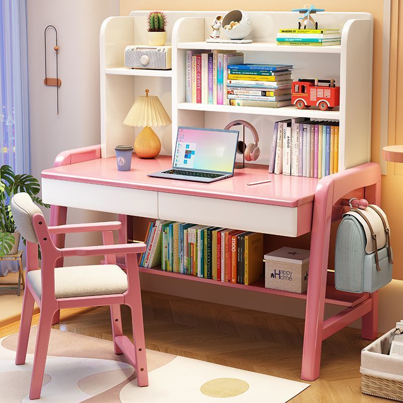 Solid Wood Desk Bookshelf Integrated Table Children's Study Student Special Solid Wood Desk Liftable Home Study Table