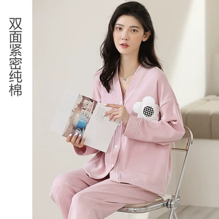 厂家现货直销秋季新品睡衣女简约宽松休闲舒适纯色开衫家居服套装