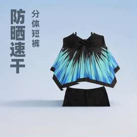 2024加肥蓝黑印花保守遮肚分体短裤防晒速干沙滩泳衣女欧美保守