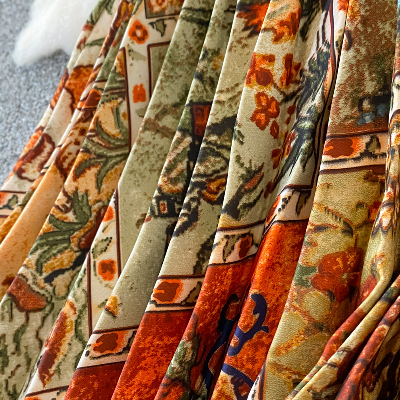 Vêtements pour femmes Automne col rond ample mince à manches longues imprimé satin simple boutonnage robe plissée élégante légère luxe longue jupe_voghion.com