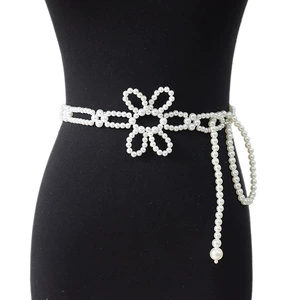 Women's Floral Elastic Waist Belt with Pearl Decoration for Summer Wear