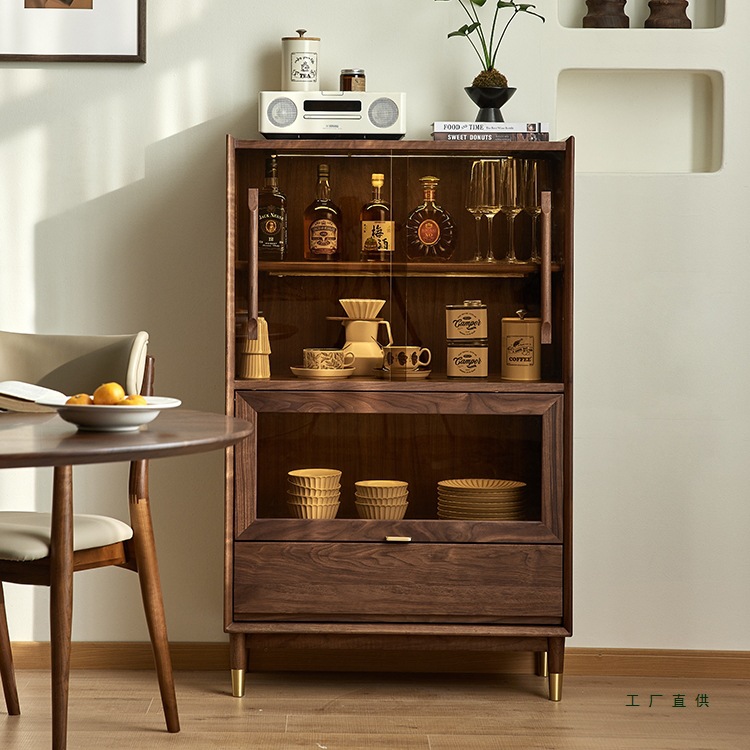 北美黑胡桃木玻璃酒柜北欧简约实木立柜家用收纳展示储物柜