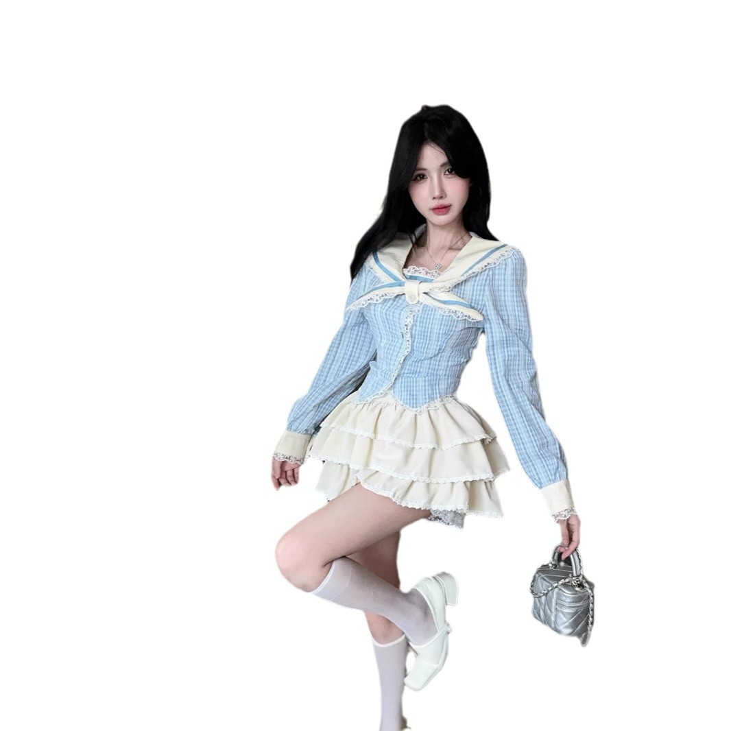 2024 봄 여름 우유 부서 착용 블루 스트라이프 JK 스타일 슬림 셔츠 케이크 투투 스커트 세트 여성