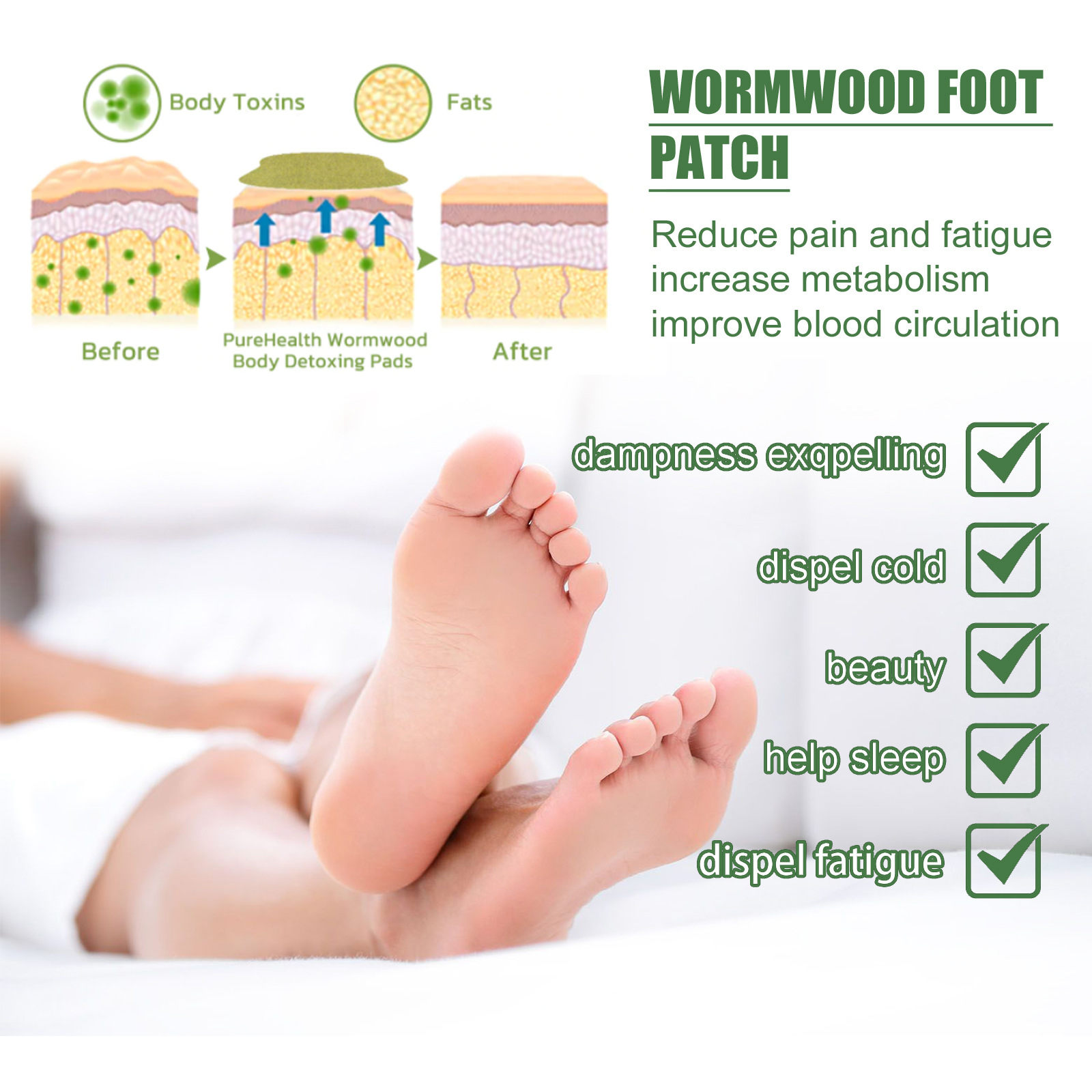 EELHOE mugwort foot patch for body care, relieves physical stress, helps sleep, promotes slimming and shaping, foot bottom patch