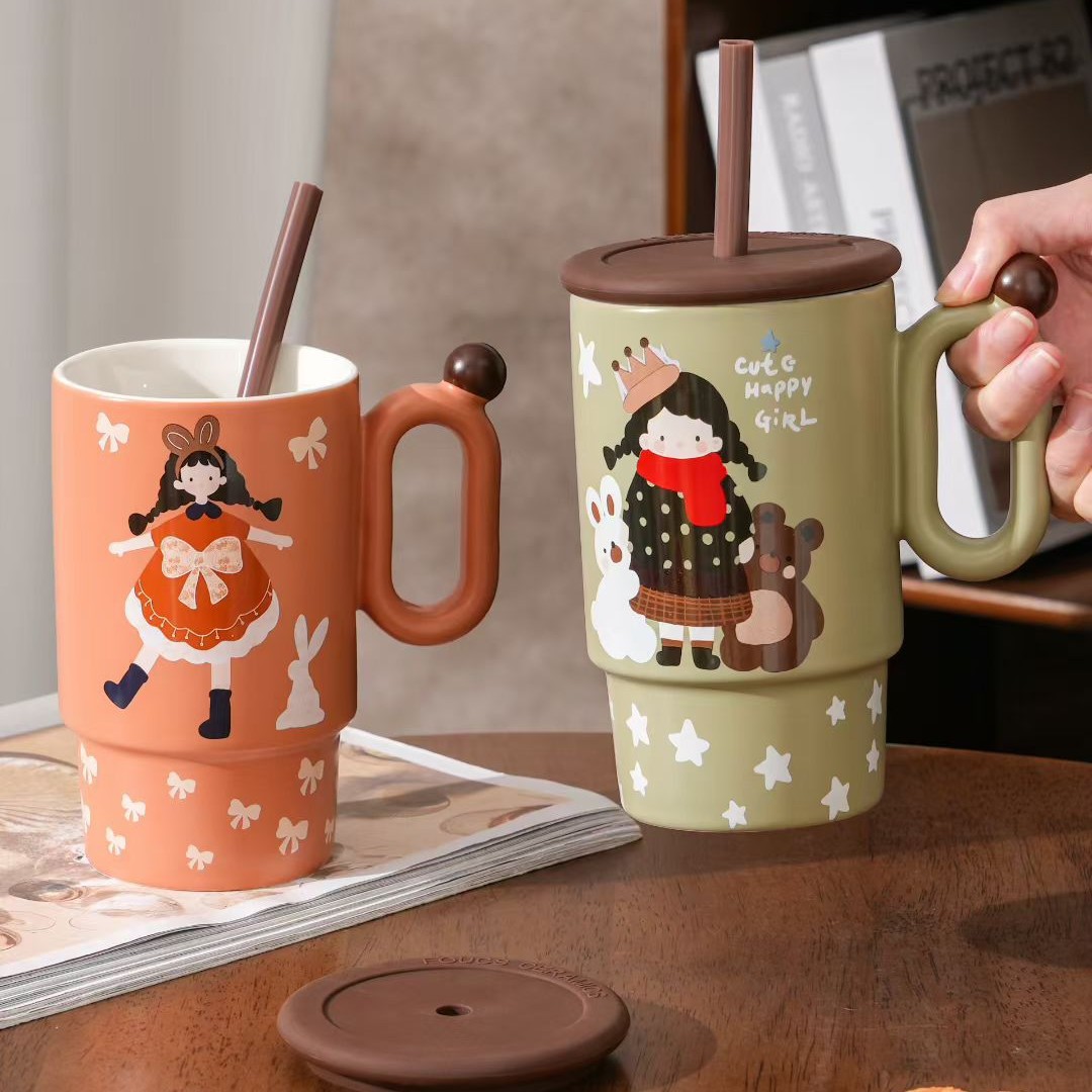 Creativo encantador dibujos animados chica acompañante mano regalo taza de agua de paja estilo japonés alto valor retrógrado taza especial transfronteriza