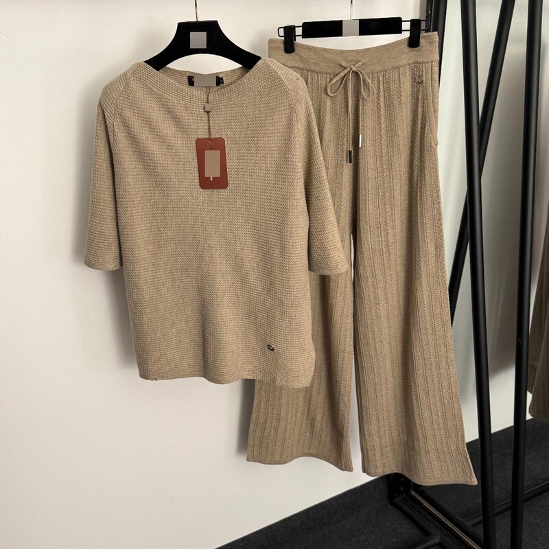 Nanyou High-End Stylish New Knit Set: Metal Ring Embellished Off-Shoulder Short-Sleeve Knit Top + Wide-Leg Long Pants