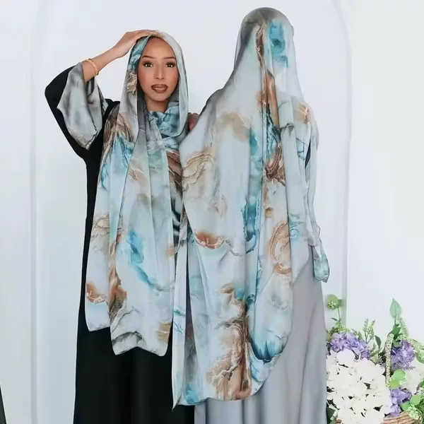 Cross border hot sale silk printed turban ethnic shawl high grade marble printed ethnic scarf shawl
