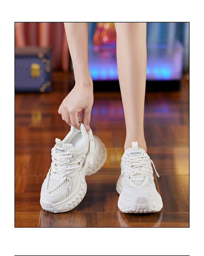 Giày sneaker nữ chunky đế dày độn cao, mặt lưới thoáng khí mùa hè thu — Màu be chi tiết 14