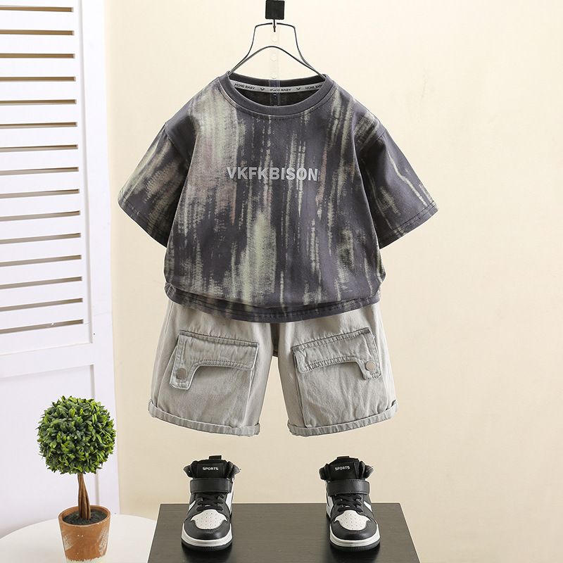 7418 Traje de manga corta para niños Camiseta de moda coreana de verano Niños geniales Ropa roja de Internet Ropa de verano Fried Street Traje de dos piezas 5