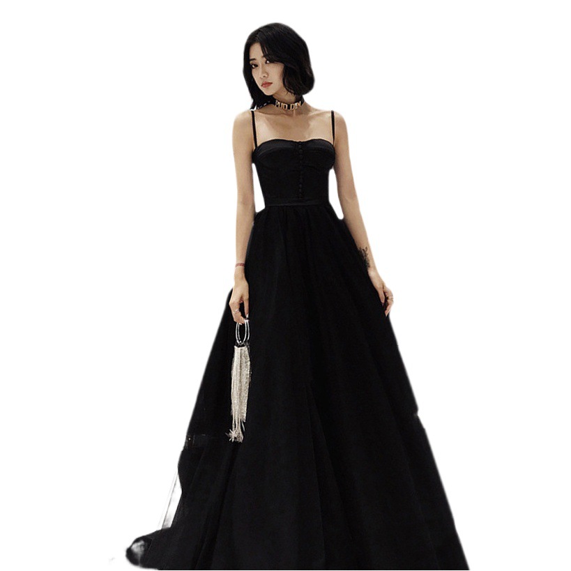 Vestido de noche para mujer, nuevo estilo 2026, vestido de banquete, fiesta de reunión anual, vestido de malla adelgazante negro sin tirantes para anfitriona