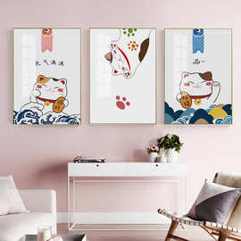 简约北欧卡通线条日式猫咪招财猫吉祥儿童房装饰画图片画芯喷绘