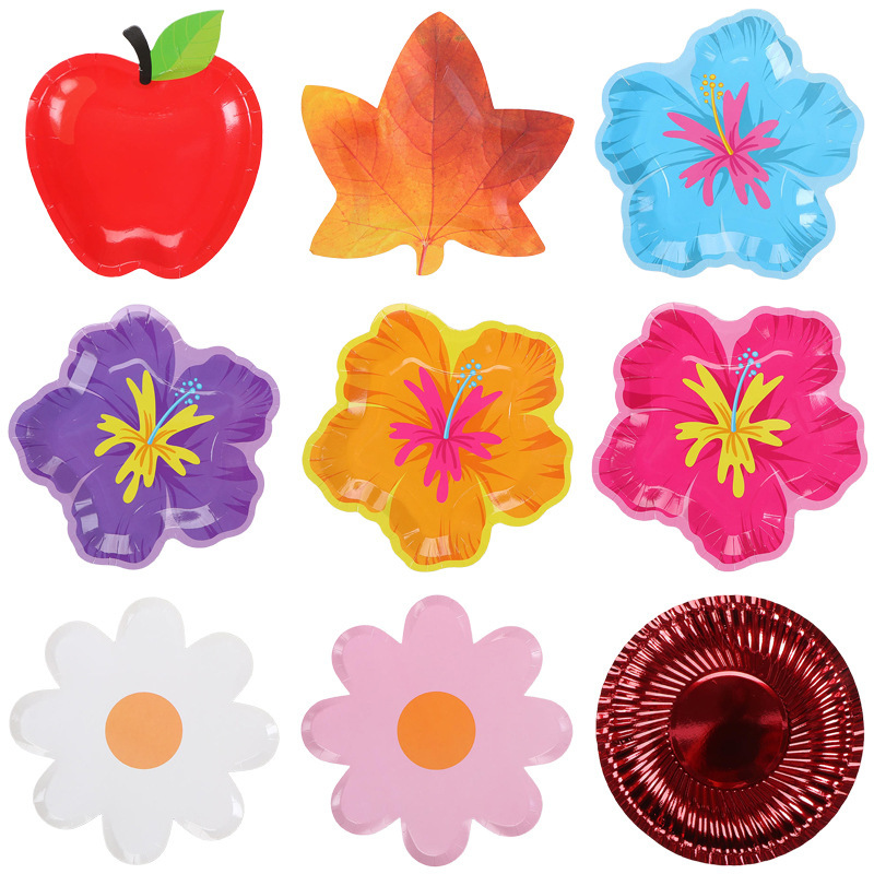 Spring-themed hibiscus flower birthday party paper plates, custom-made, thickened, biodegradable, Hawaiian-themed fruit plates, custom-made Spring-themed hibiscus flower birthday party paper plates, custom-made, thickened, biodegradable, Hawaiian-themed fruit plates, custom-made
