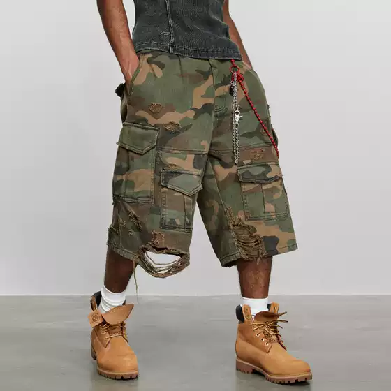 2024 Destruction Camouflage Stone Mill Washed Old Cropped Pants American Ripped Crock Pants Loose Wide-leg Shorts