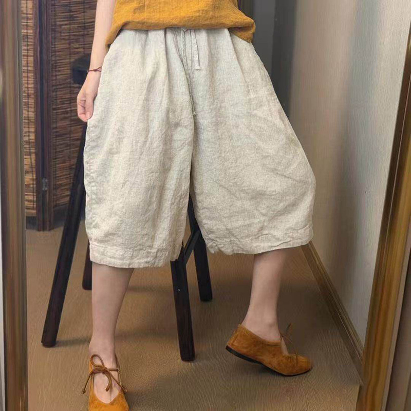 Vintage Cotton and Linen Summer New Solid Color Elastic Waist Drawstring Loose Straight Wide-Leg Slimming Casual Cropped Pants for Women Vintage Cotton and Linen Summer New Solid Color Elastic Waist Drawstring Loose Straight Wide-Leg Slimming Casual Cropped Pants for Women