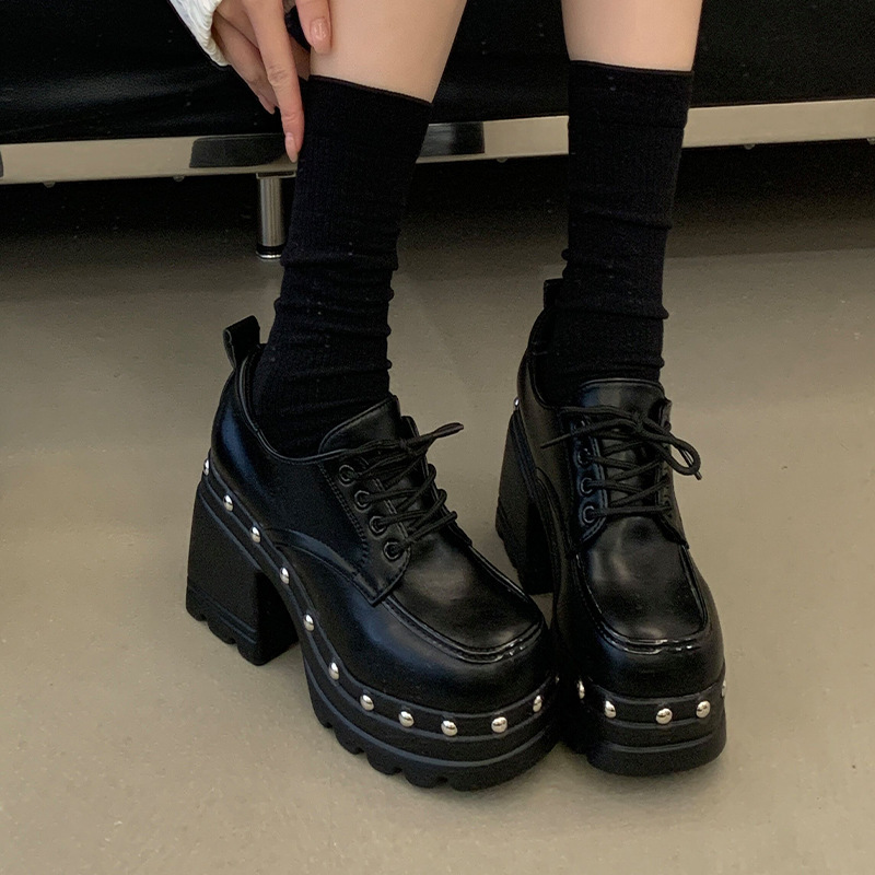 2026 Autumn British Style Black Thick-Soled Shoes Punk Studded Lace-Up Round-Toe High-Heeled Leather Shoes Thick-Soled Shoes 2026 Autumn British Style Black Thick-Soled Shoes Punk Studded Lace-Up Round-Toe High-Heeled Leather Shoes Thick-Soled Shoes